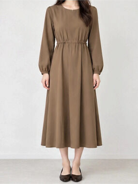 Brown Long Sleeve Midi Dress